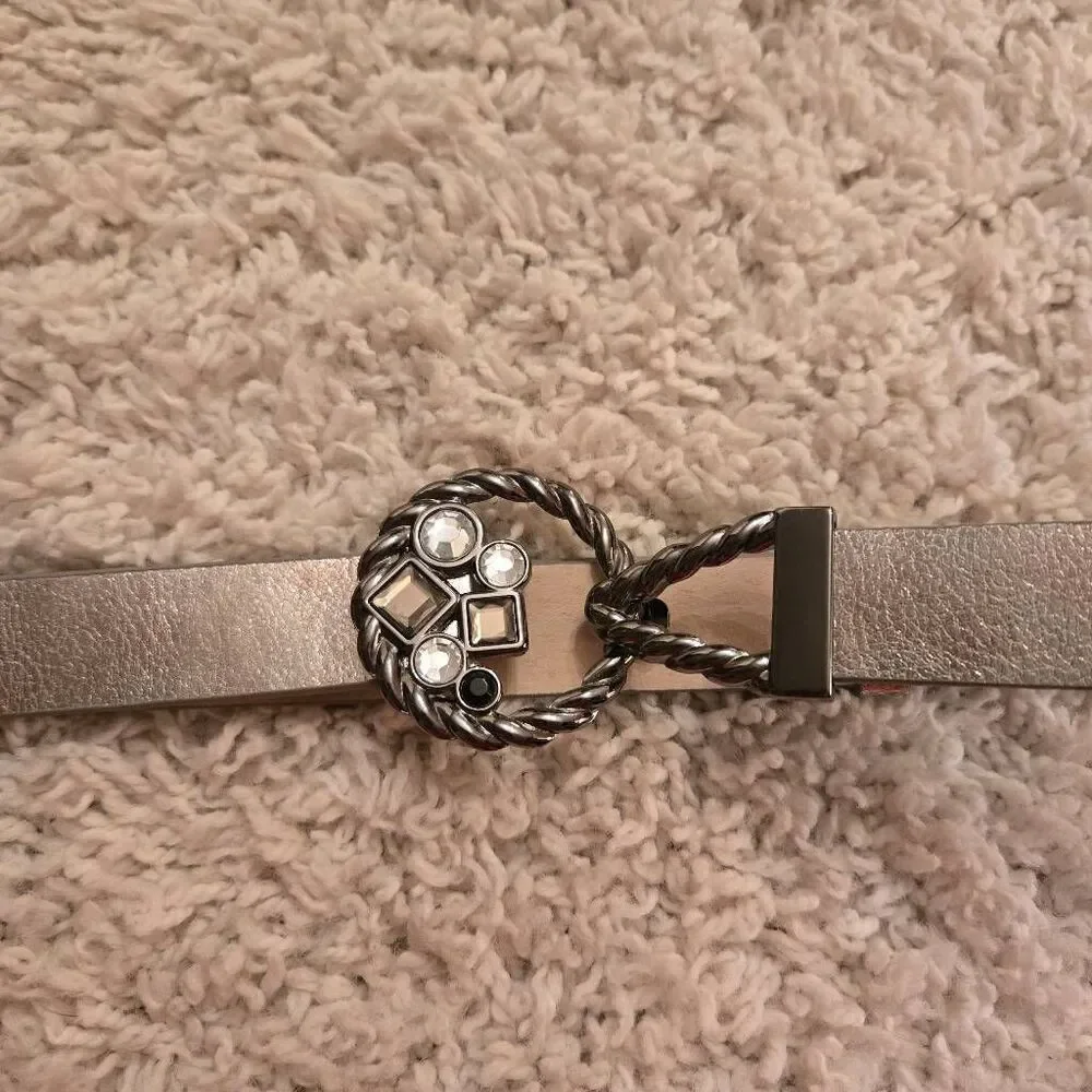 Chico's Silver Leather Belt Rhinestone Buckle M/L